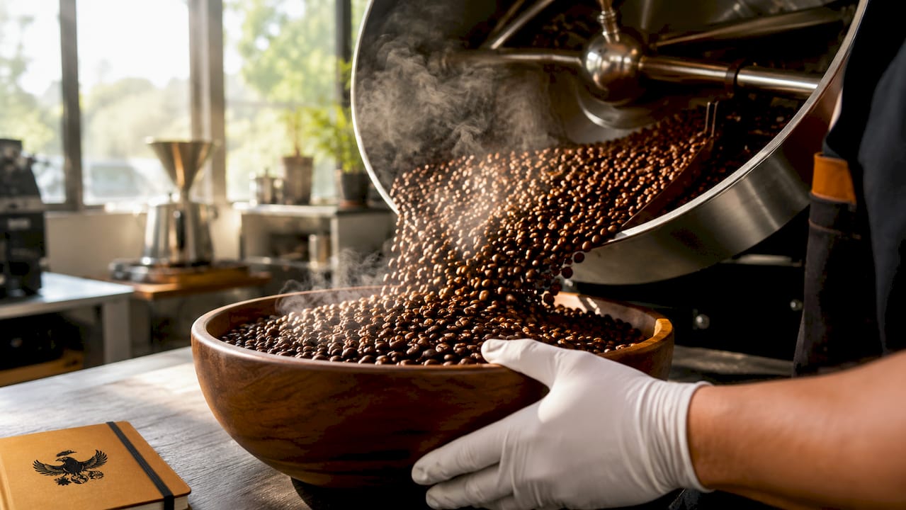 Close-up of roasted coffee beans releasing CO2 gas