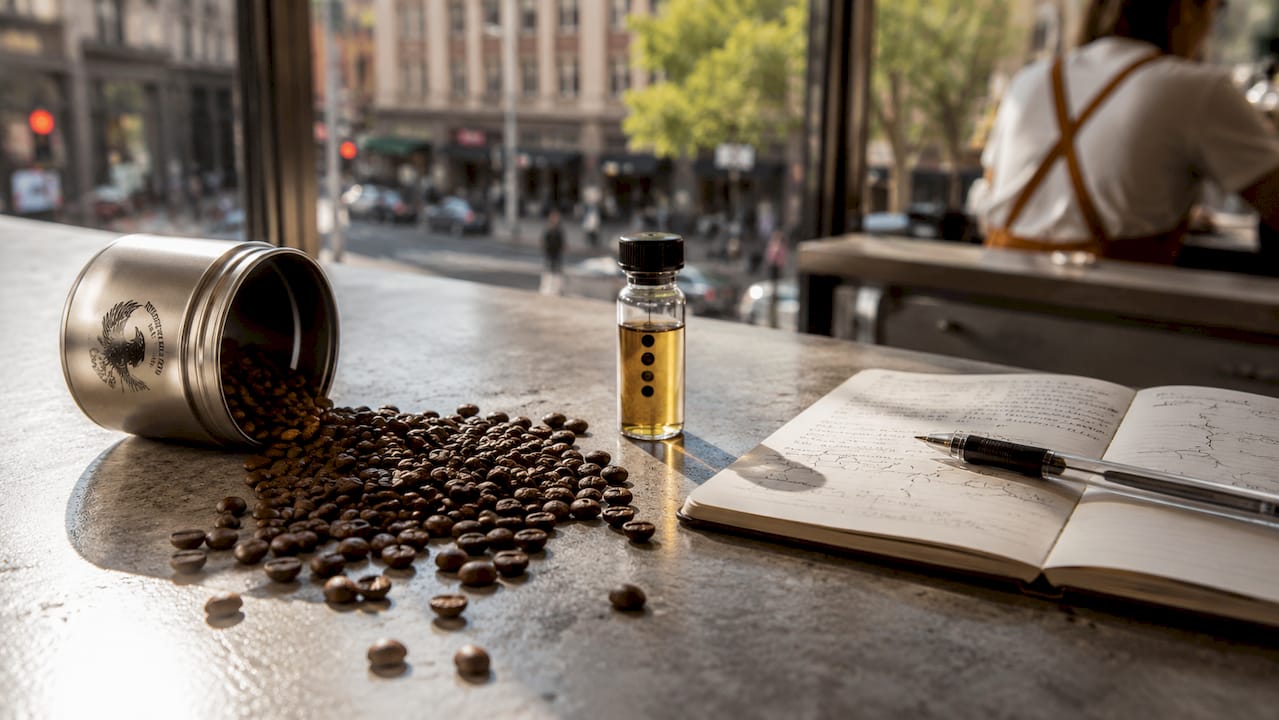 Close-up of roasted coffee beans and aroma vial on table