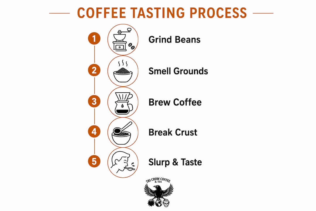 Infographic illustrating coffee tasting step-by-step process