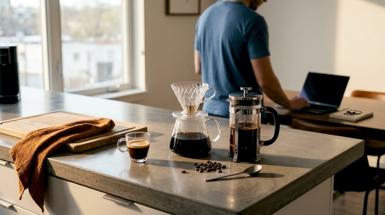 Assorted black coffee styles overhead view
