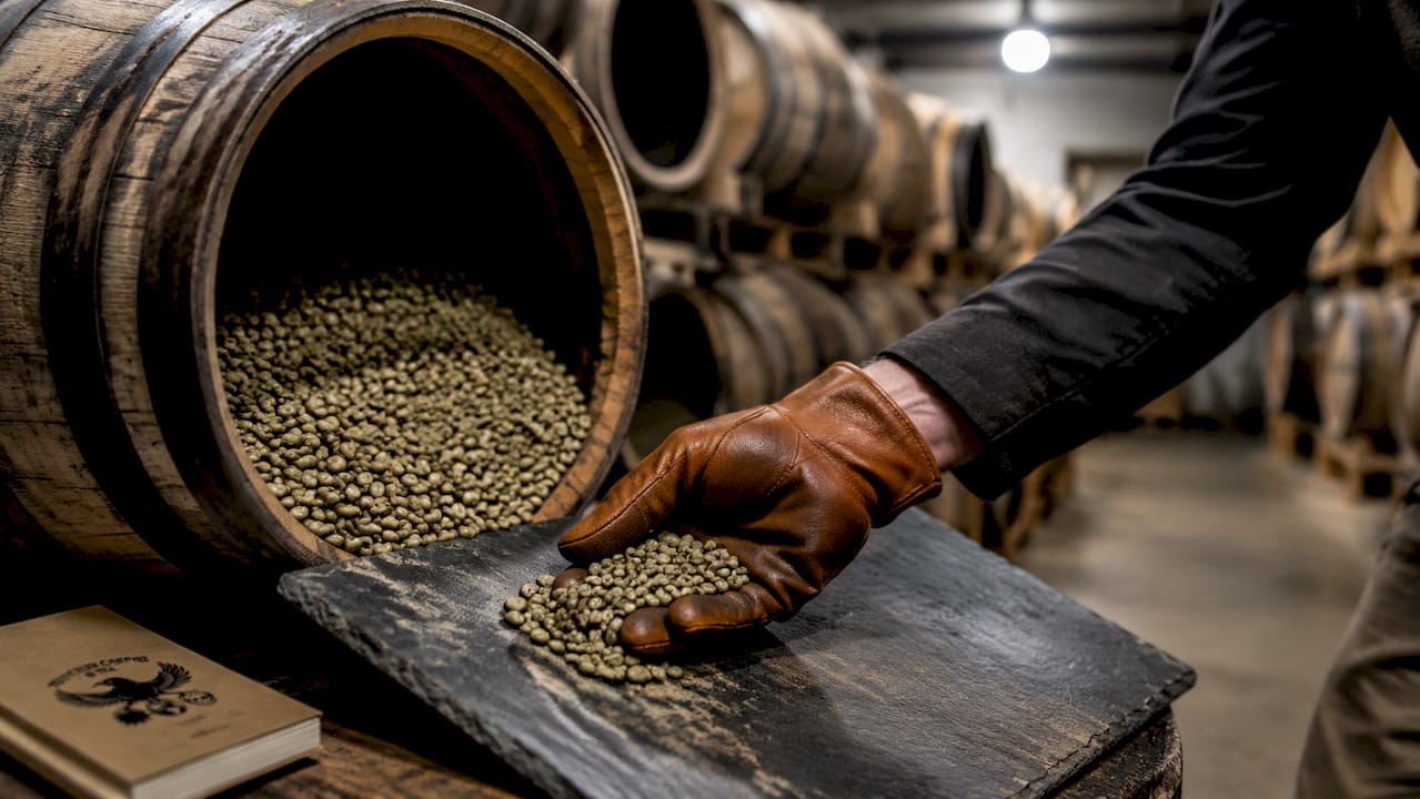 Hands handling green coffee beans in oak barrel