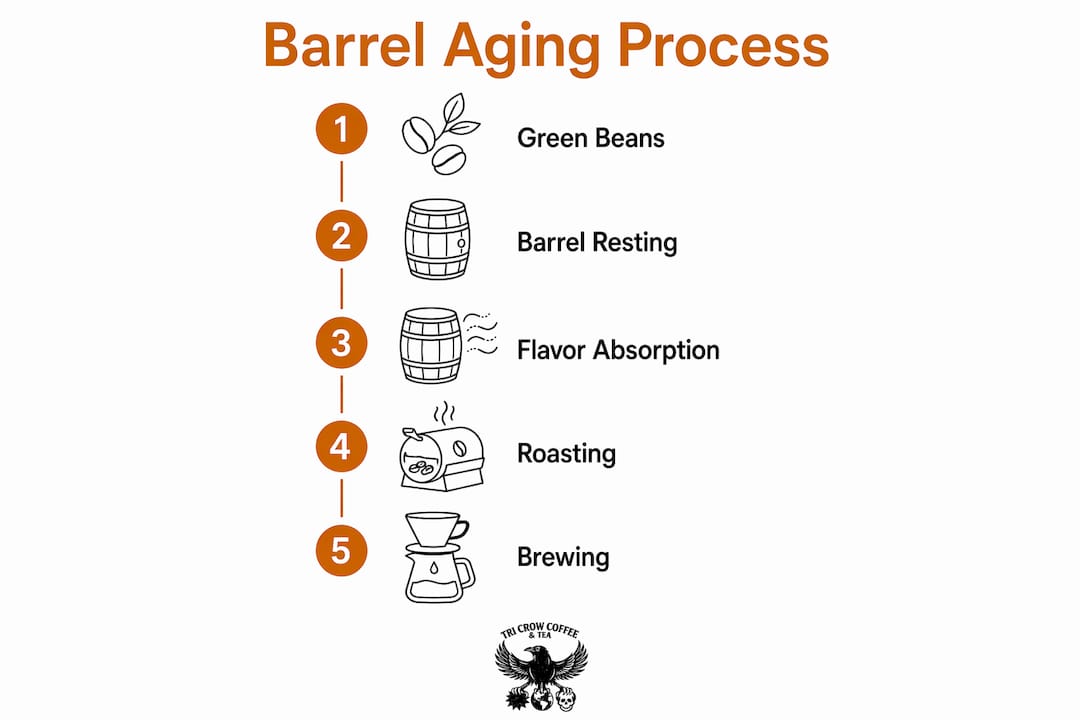 Infographic showing barrel aged coffee process steps