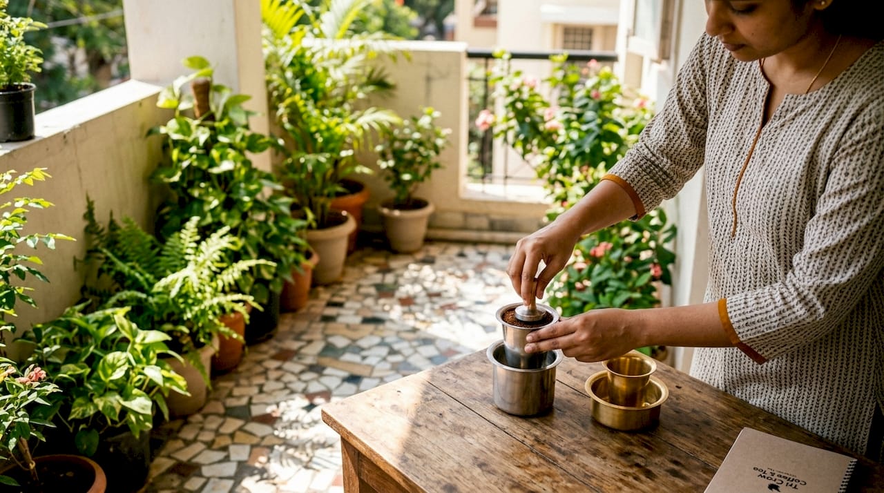 South Indian filter coffee brewing setup on wooden table