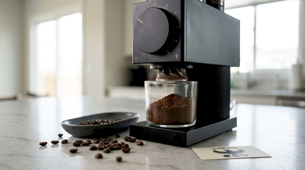 Close-up of burr coffee grinder and beans