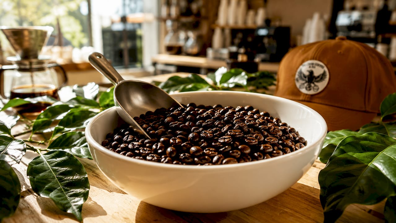 Close-up of fresh roasted coffee beans in wooden bowl