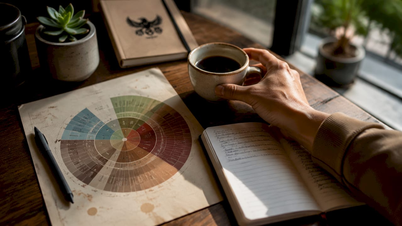 Hand holding coffee cup over flavor wheel