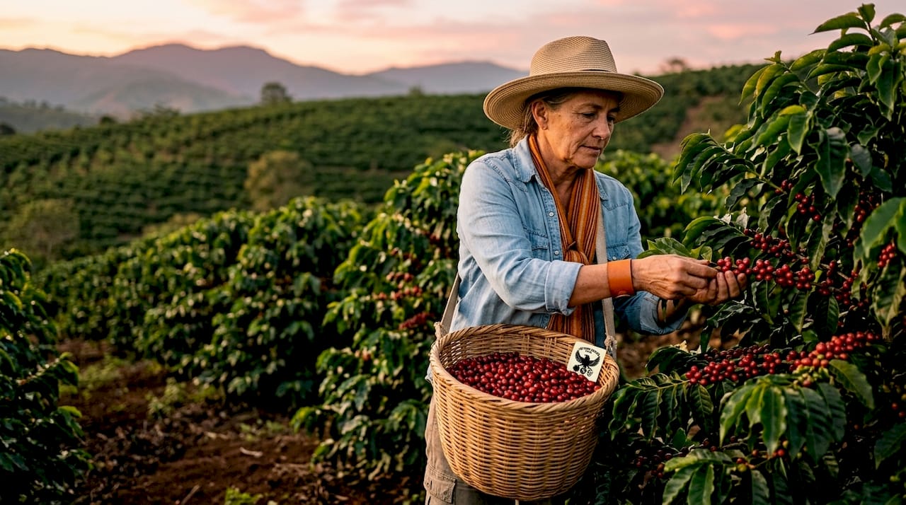 Female farmer inspecting coffee cherries outdoors