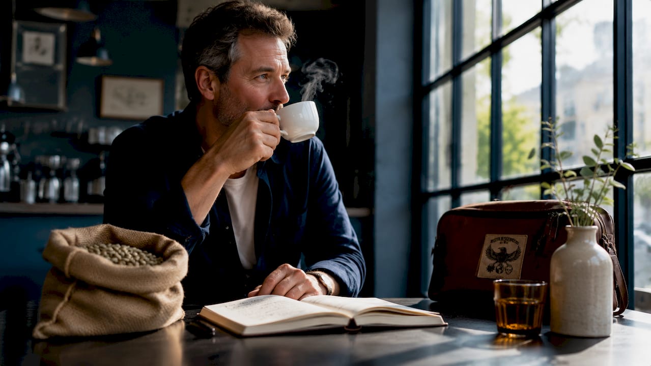Hands holding cup with coffee and tasting notes