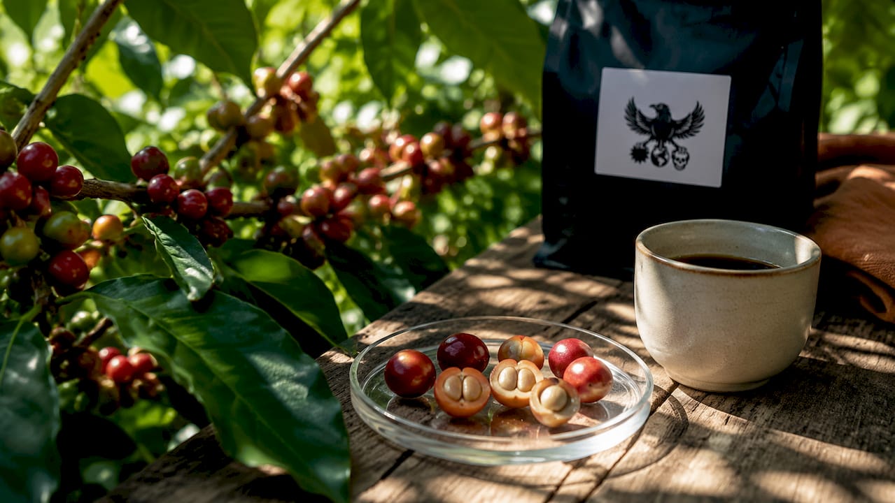 Overhead view of coffee cherry cut open showing peaberry bean