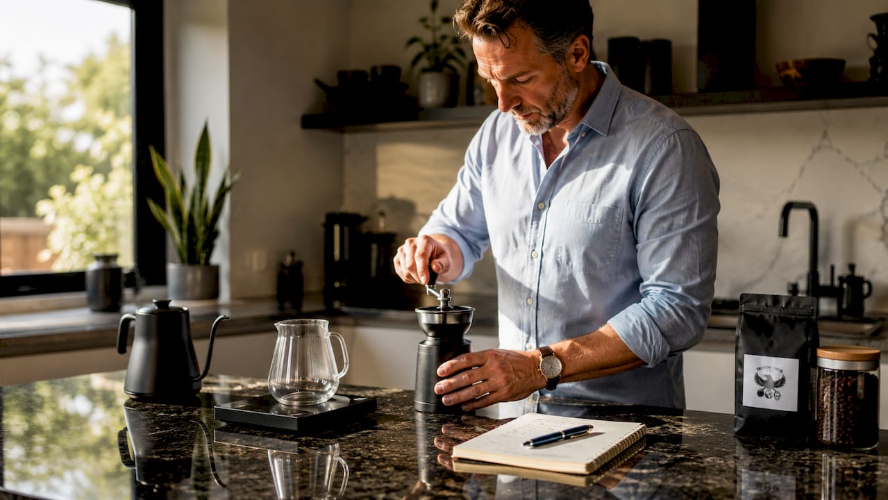 Hands grinding coffee beans for tasting preparation