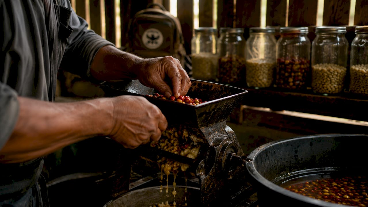 Overhead view of coffee depulping and fermentation