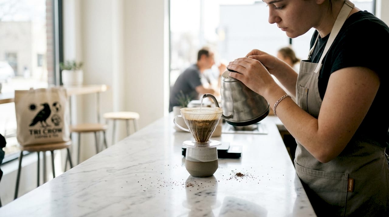 Hands grinding organic coffee beans in cafe