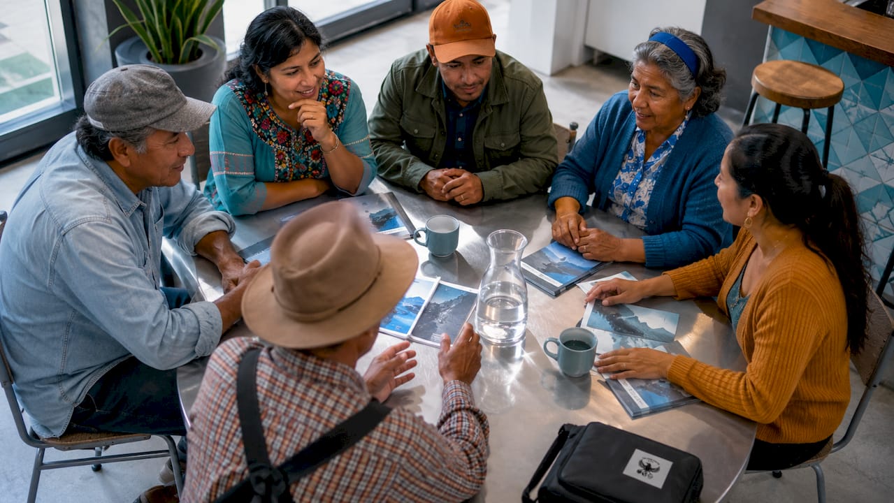Coffee farmers collaborating at cooperative meeting table