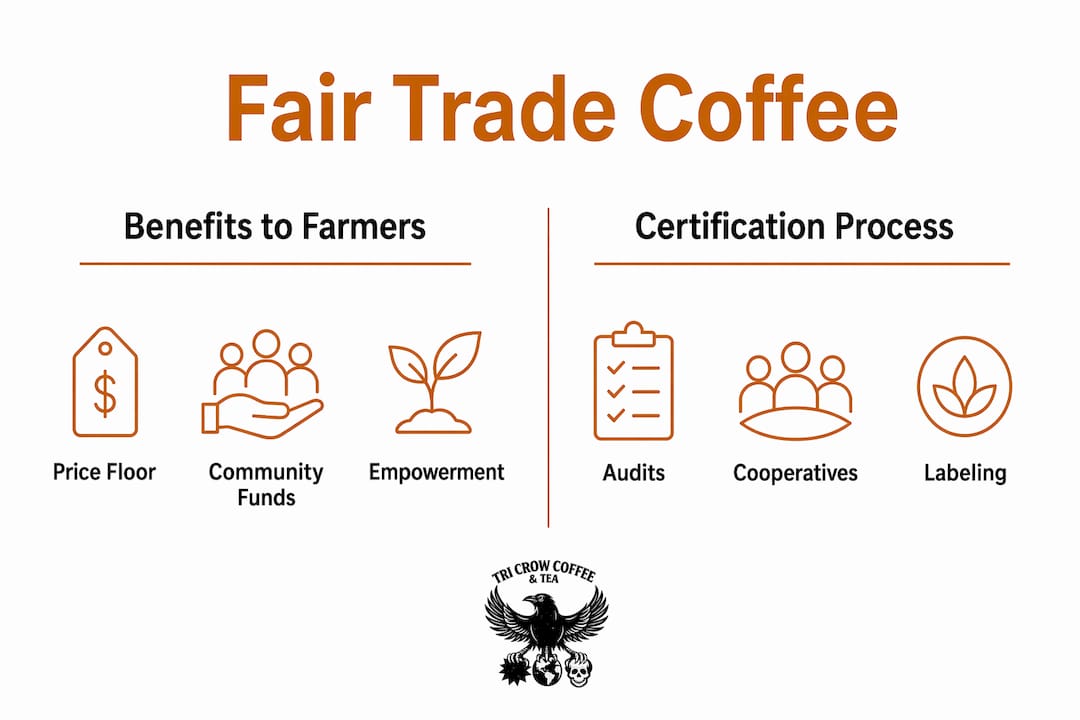 Infographic comparing benefits and certification steps of fair trade coffee