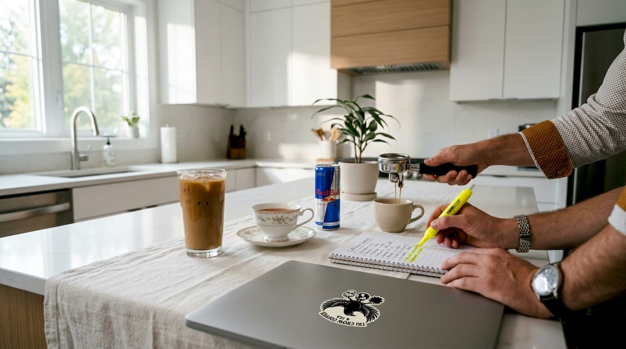 Close-up of caffeine beverages with list and note-taking hands