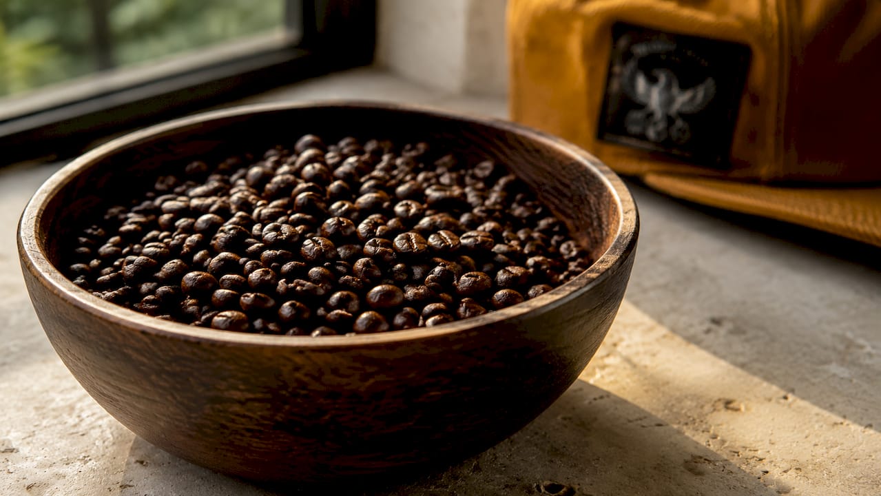 Close-up of decaf coffee beans in bowl