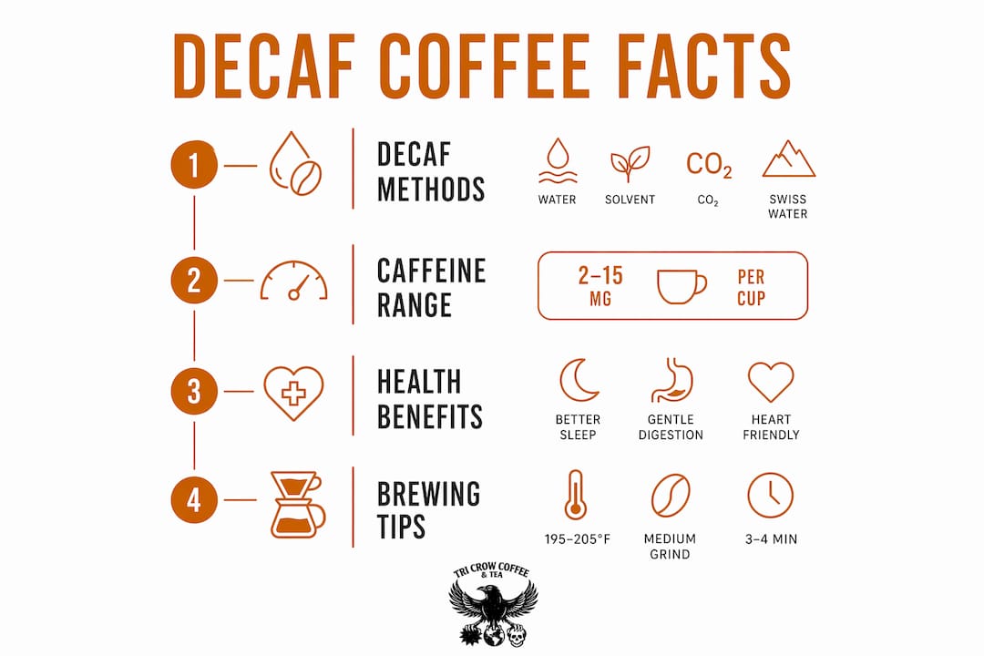 Infographic outlining decaf coffee methods and benefits