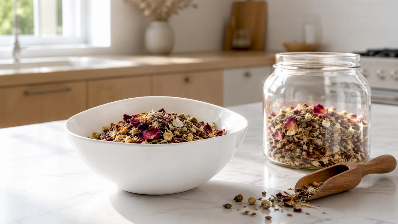 Overhead view of white tea blend with floral petals