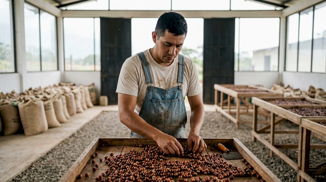 Coffee producer sorting honey processed cherries by hand