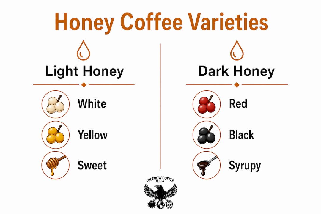 Infographic comparing light and dark honey coffee varieties