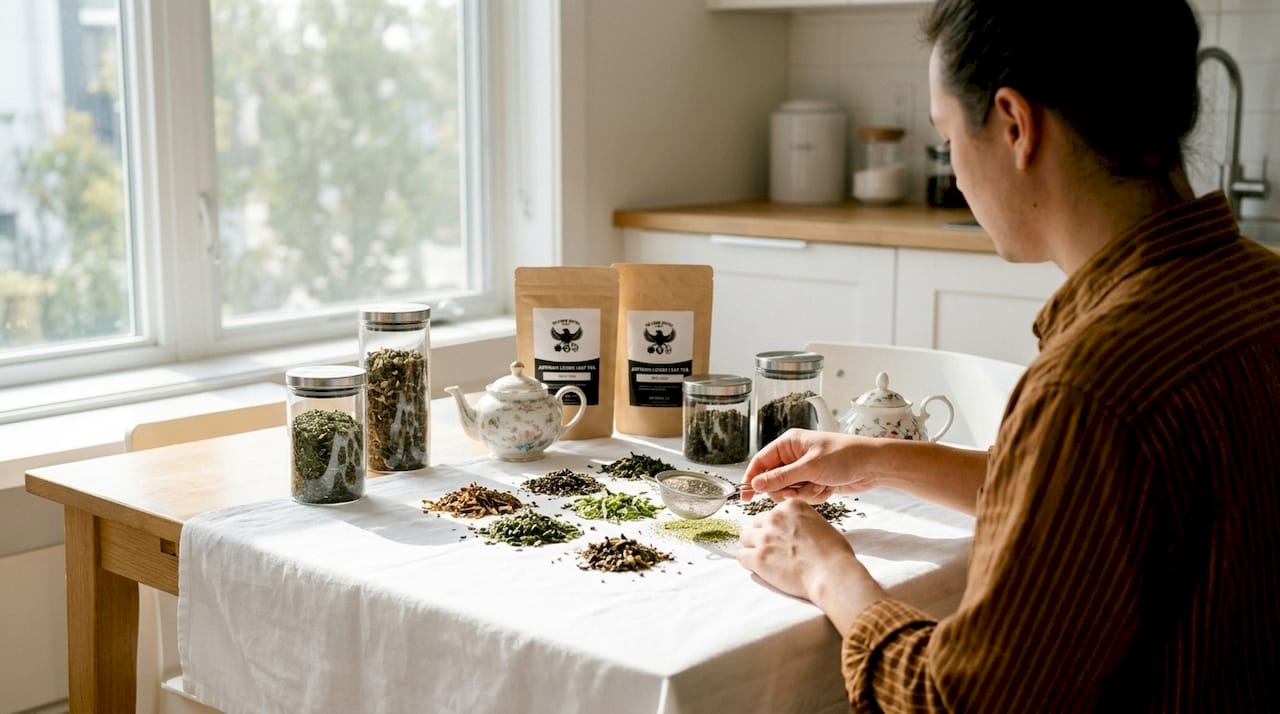 Hands inspecting loose tea leaves closely