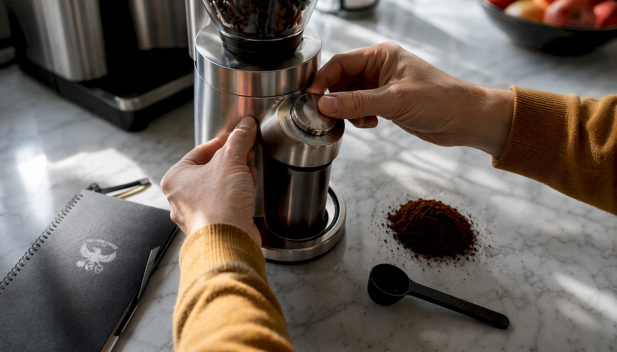 Hands adjusting burr coffee grinder settings