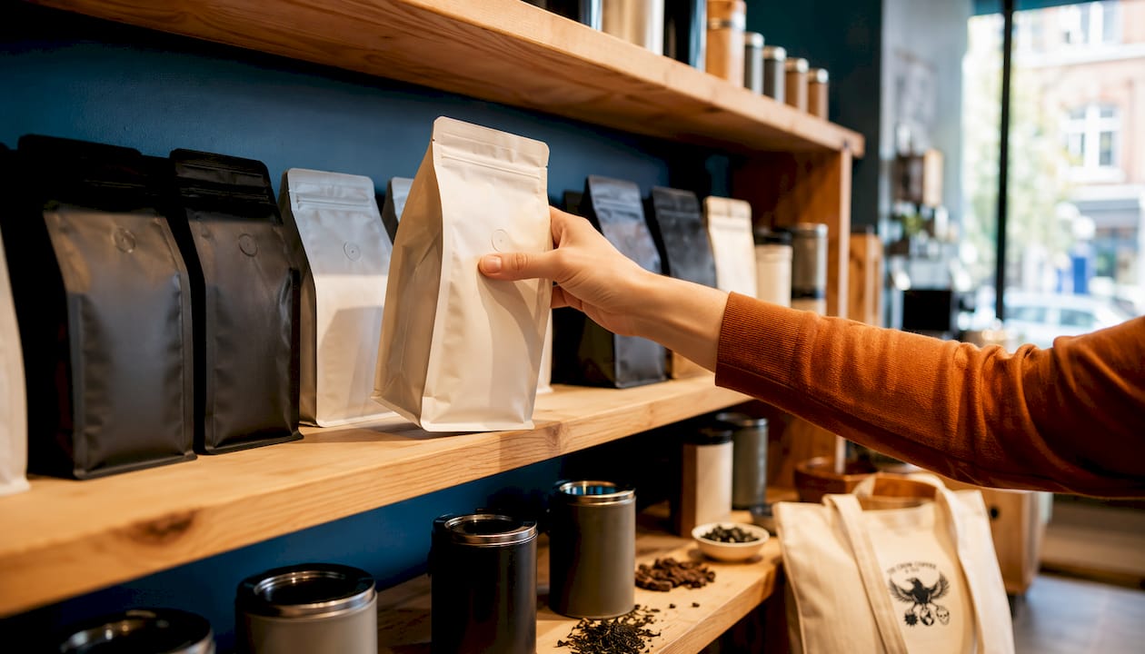Close-up artisan coffee and tea blends shelf