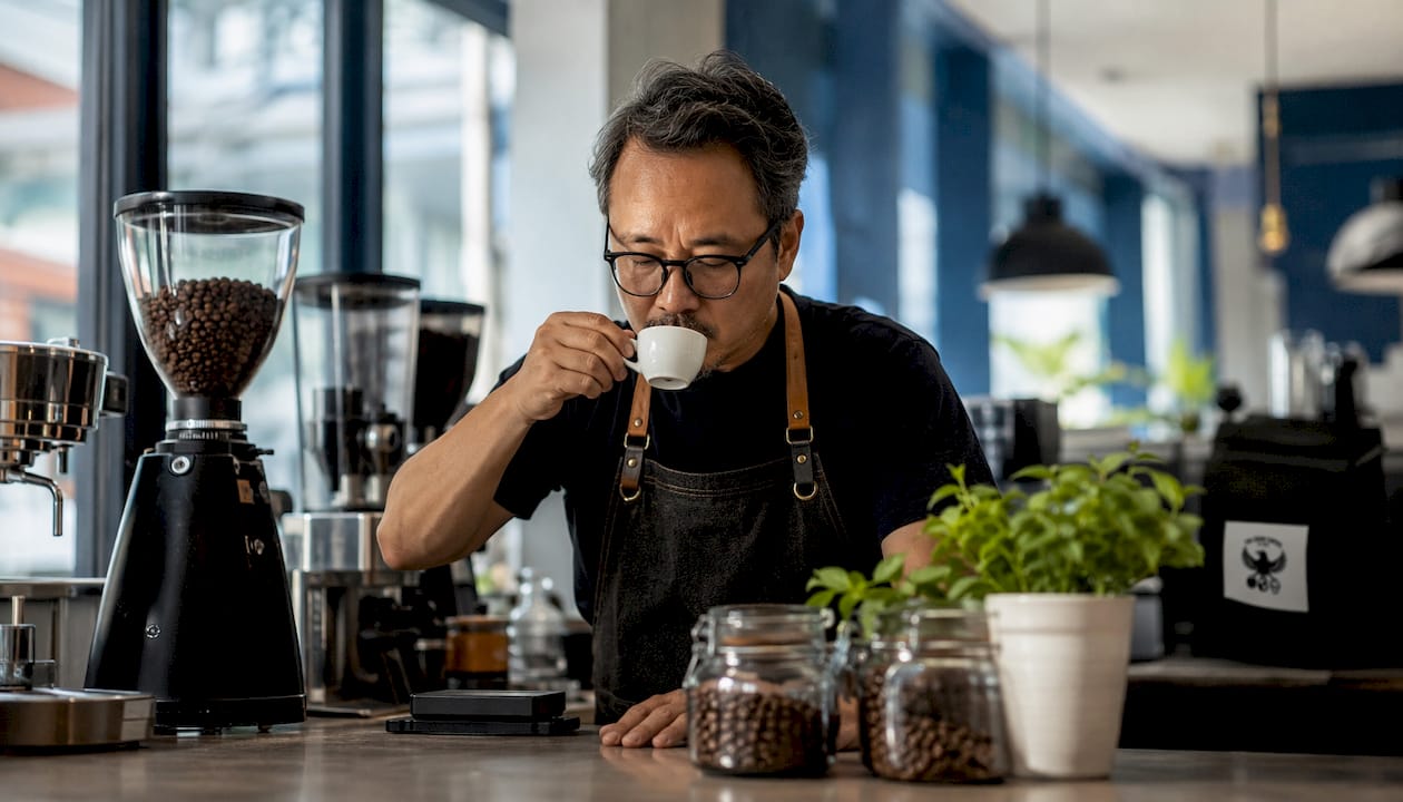 Barista tasting Robusta espresso in cafe