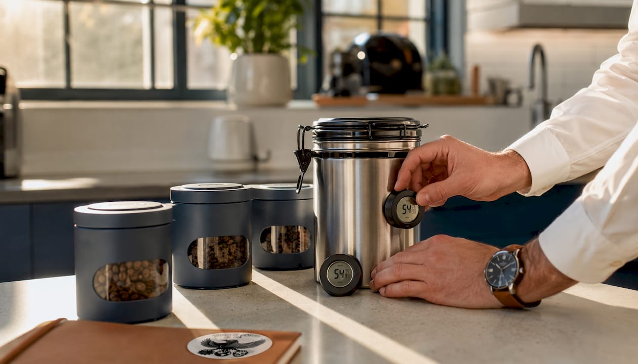 Hands adjusting hygrometer in coffee storage pantry