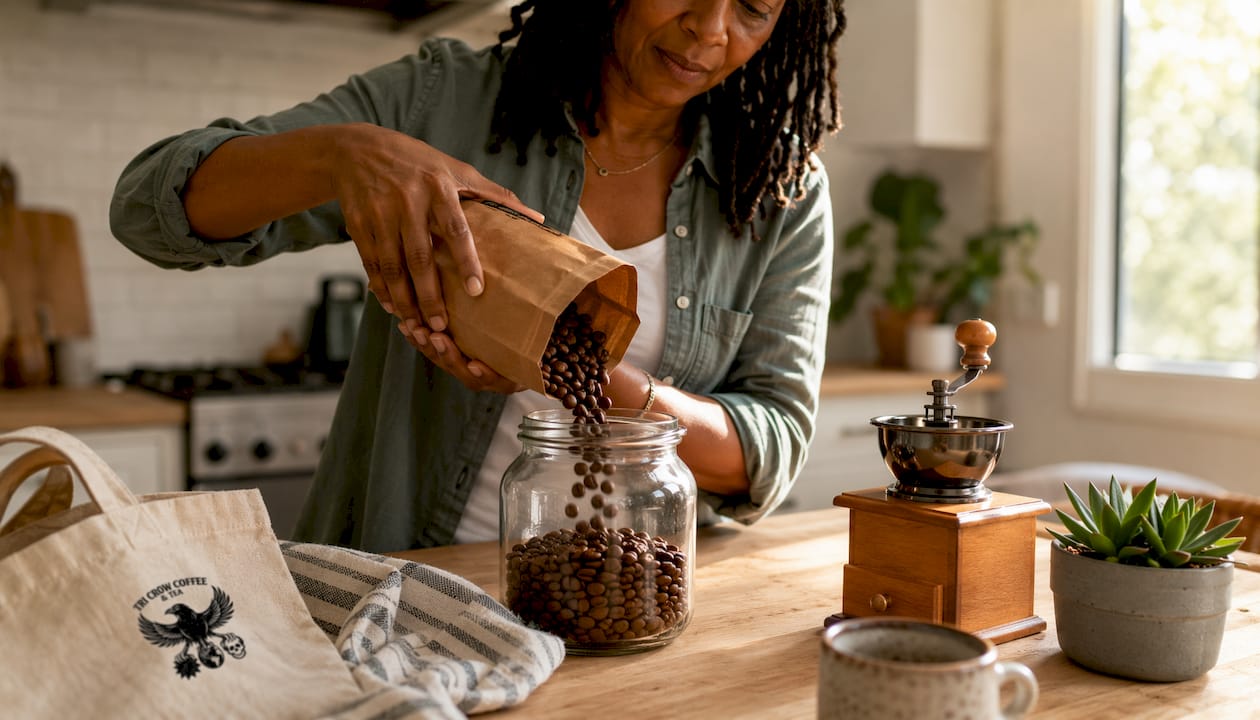 Woman packing roasted coffee into airtight container in kitchen