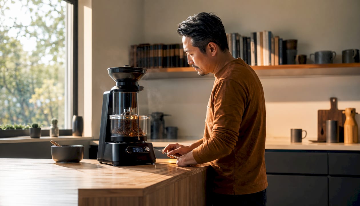 Hands adjusting home coffee roaster controls