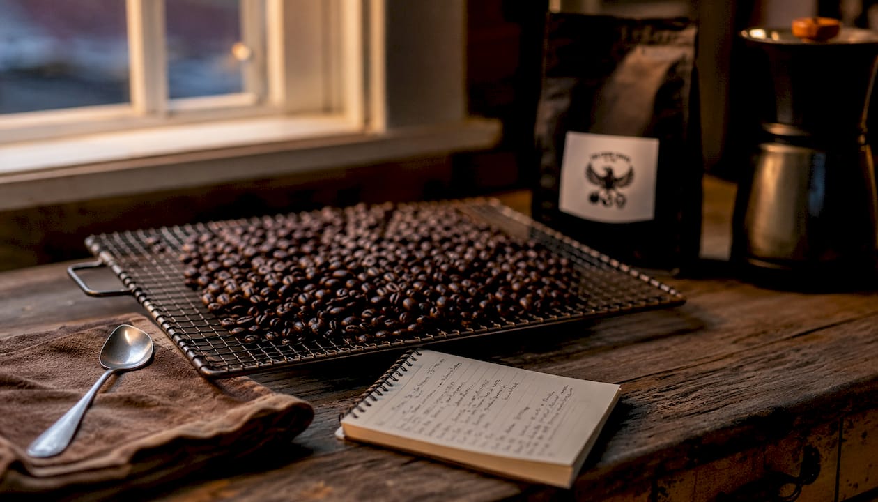 Freshly roasted coffee beans cooling in colander on table