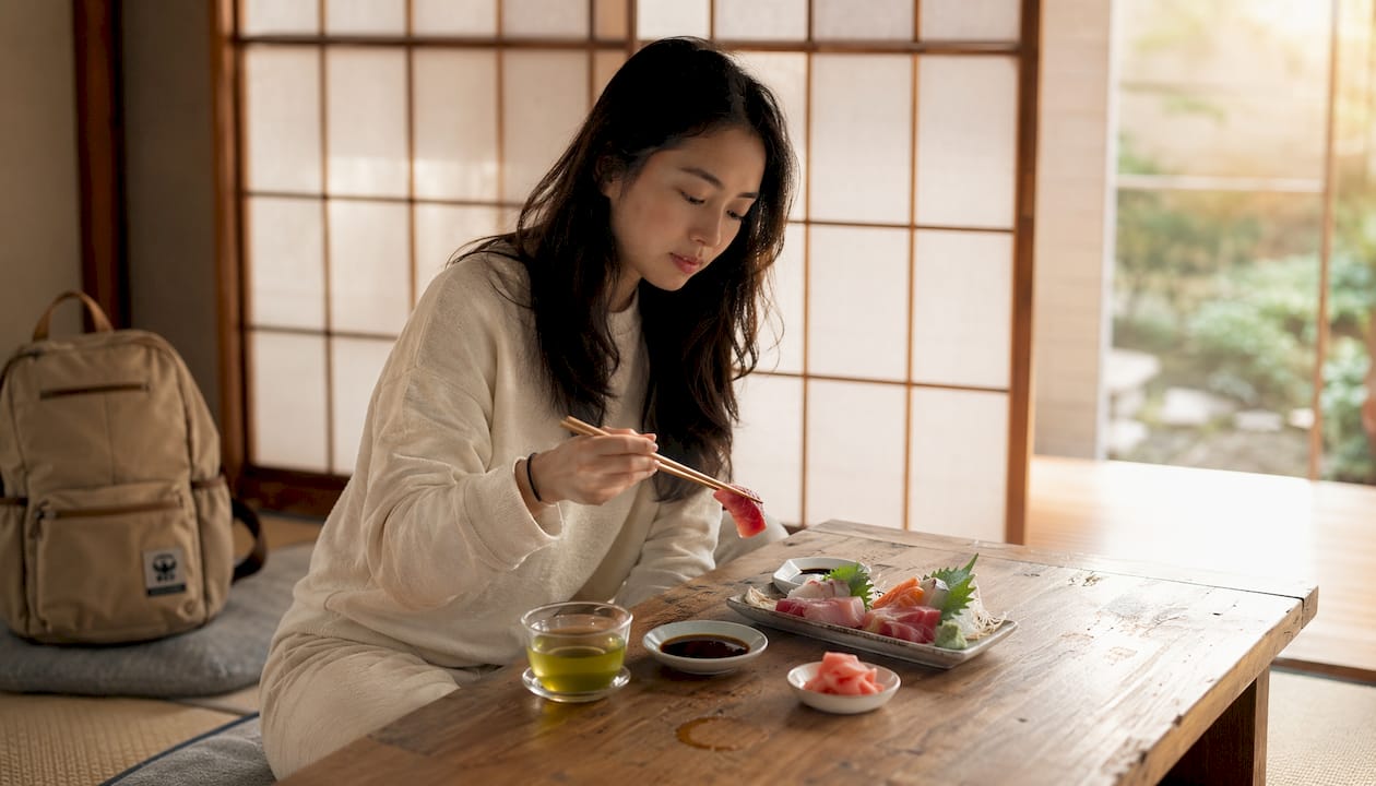 Woman enjoying green tea with sashimi