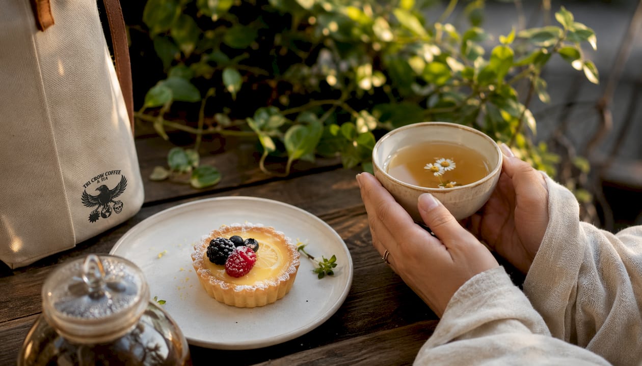 Hands holding tea with chocolate dessert