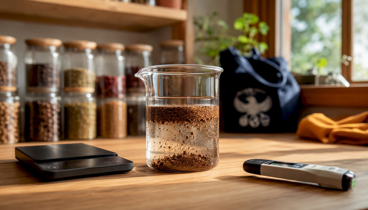 Close-up of water extracting coffee grounds in lab beaker