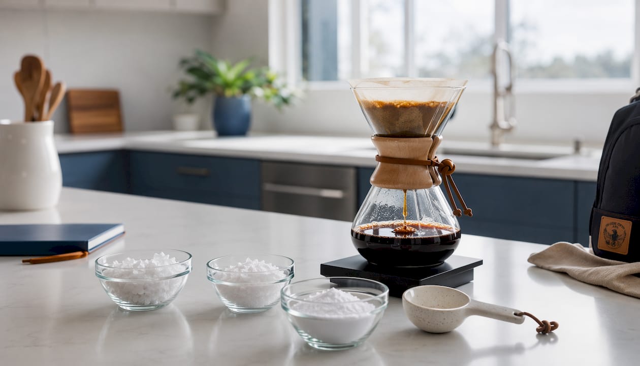 Overhead view of coffee brewing with mineral salts on table