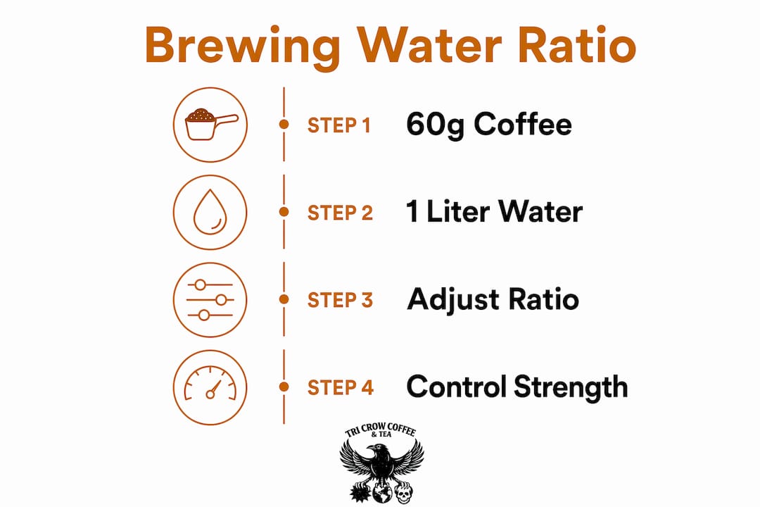 Infographic illustrating water to coffee brewing ratio steps