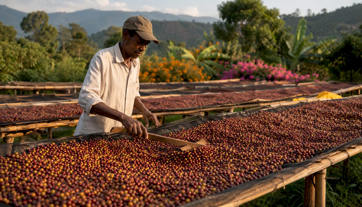 Farm worker drying natural coffee cherries outdoors