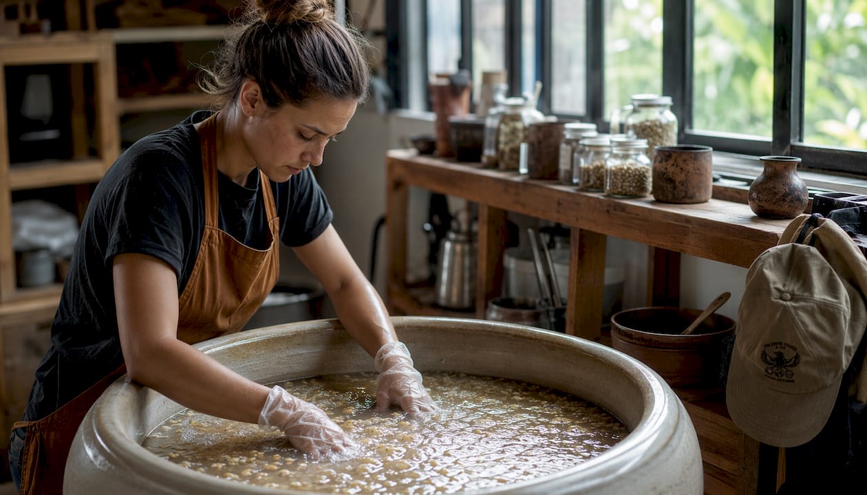 Hands stirring washed coffee fermentation tank