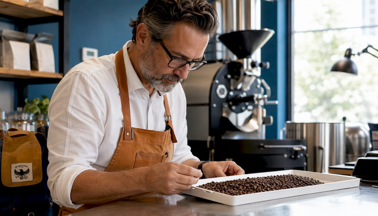 Coffee roaster inspecting freshly roasted beans in micro-lot room