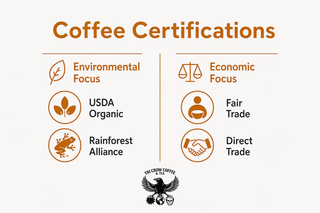 Infographic comparing coffee certifications with environmental and economic focus