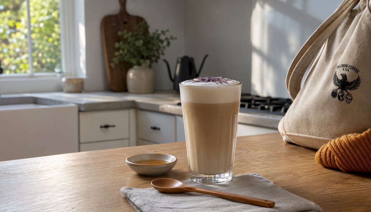 London Fog tea latte with vanilla syrup jar and spoon