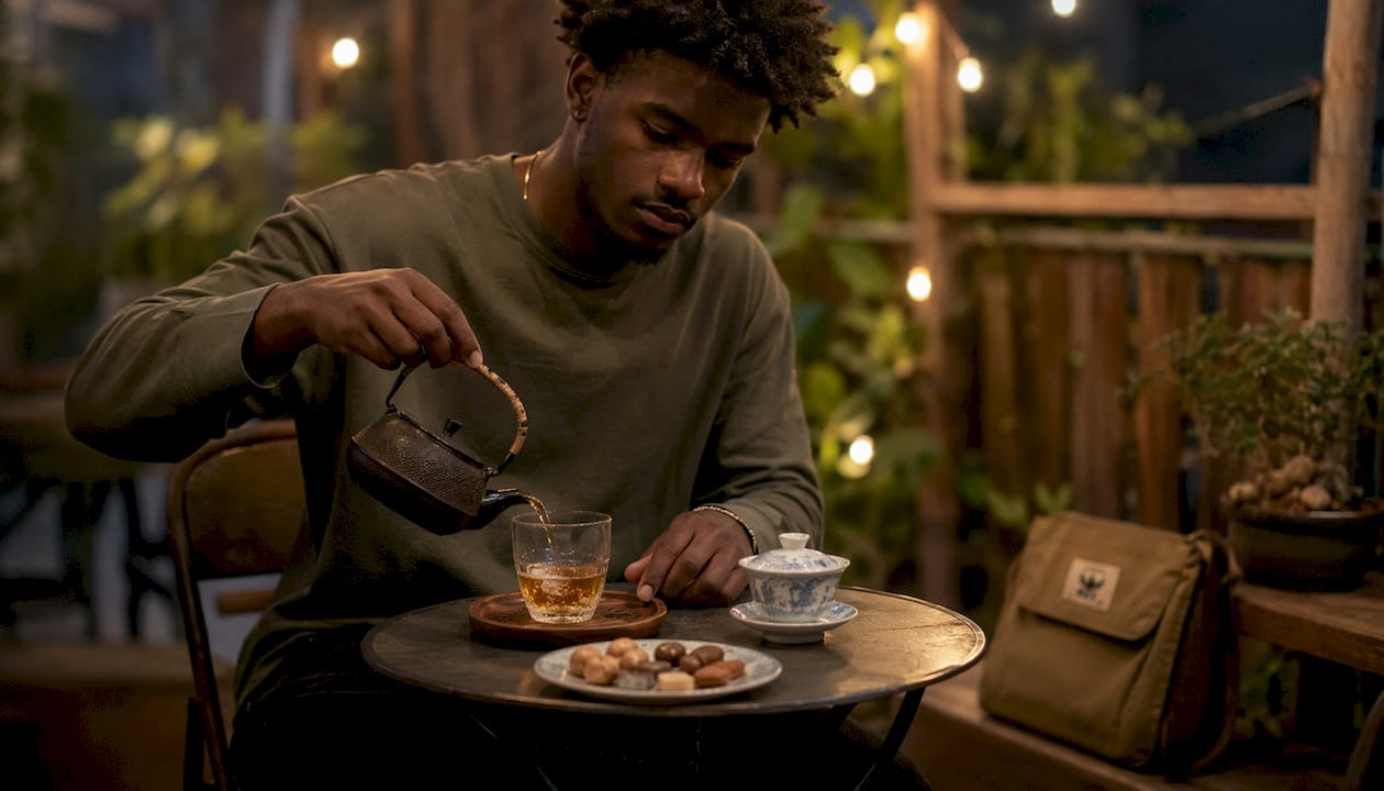Man pouring oolong tea at outdoor café table