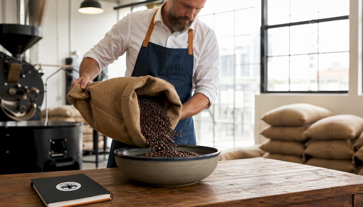 Hands weighing roasted coffee beans
