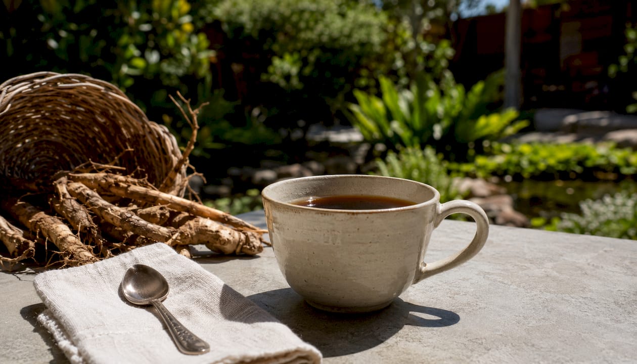 Cup of roasted chicory root brew on rustic table