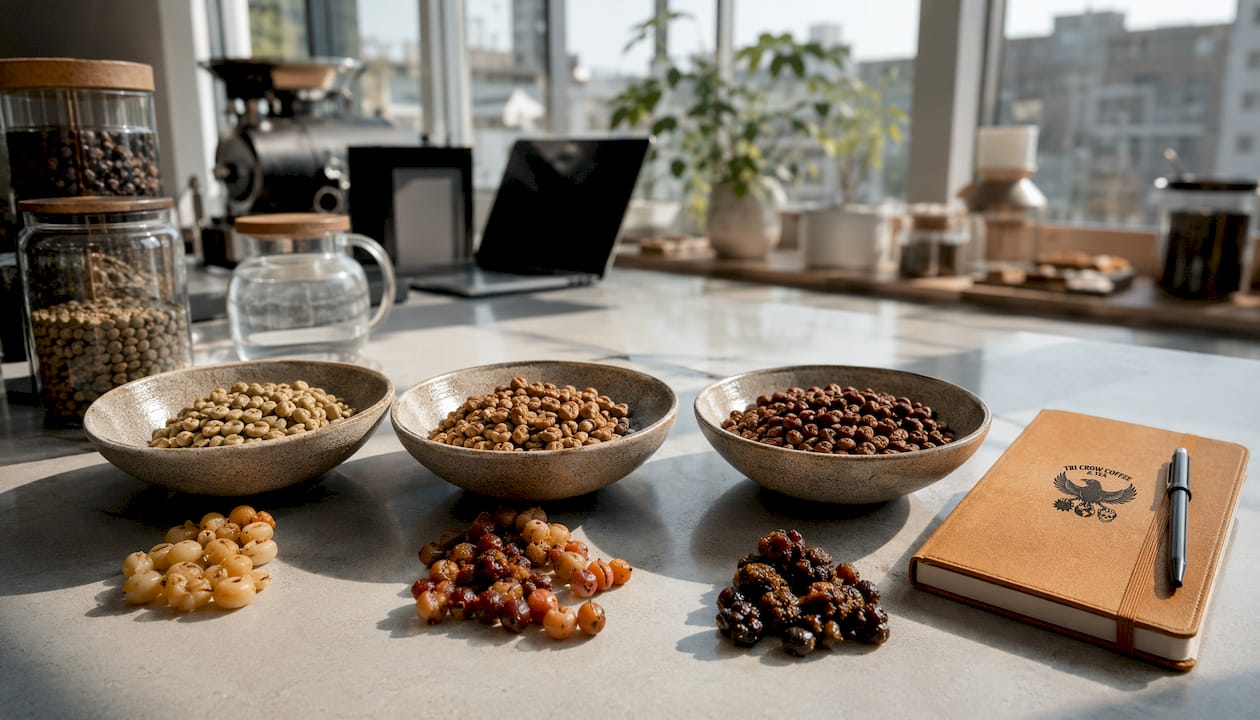 Overhead view of three coffee processing methods samples