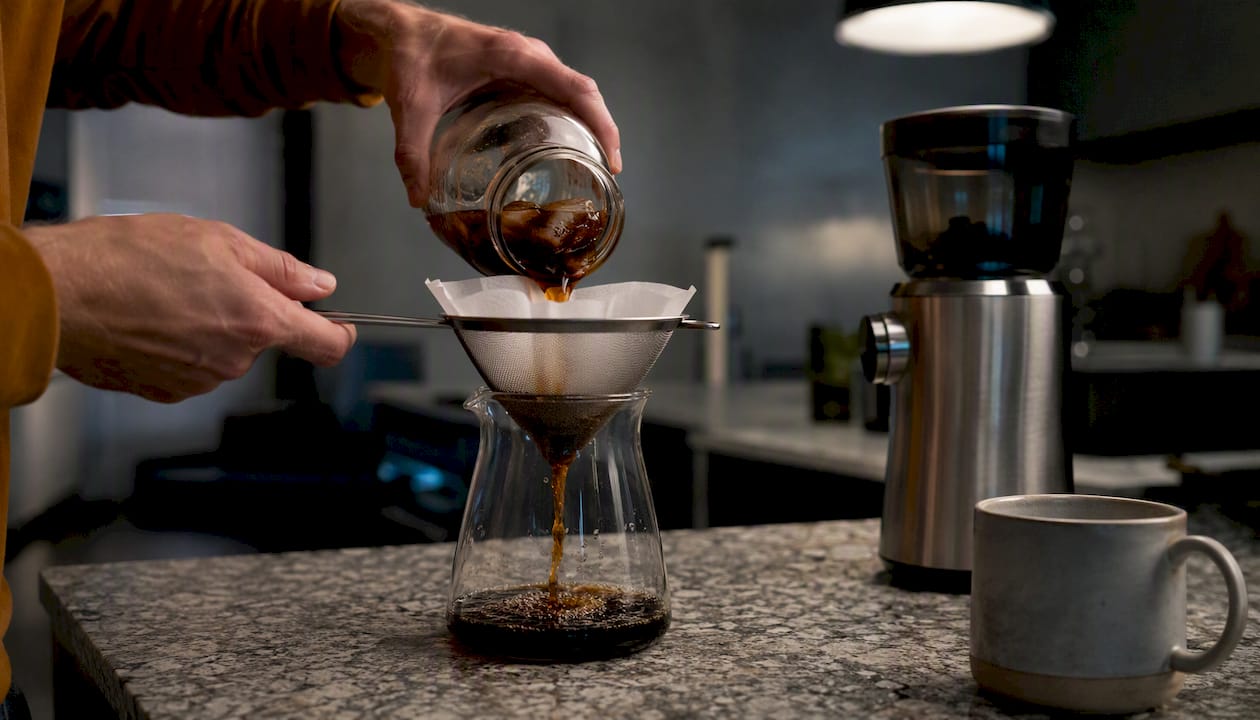 Hands filtering cold brew coffee concentrate