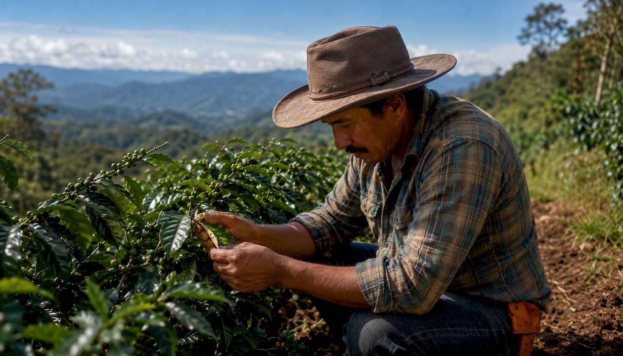 High-altitude sustainable organic coffee farm with farmer