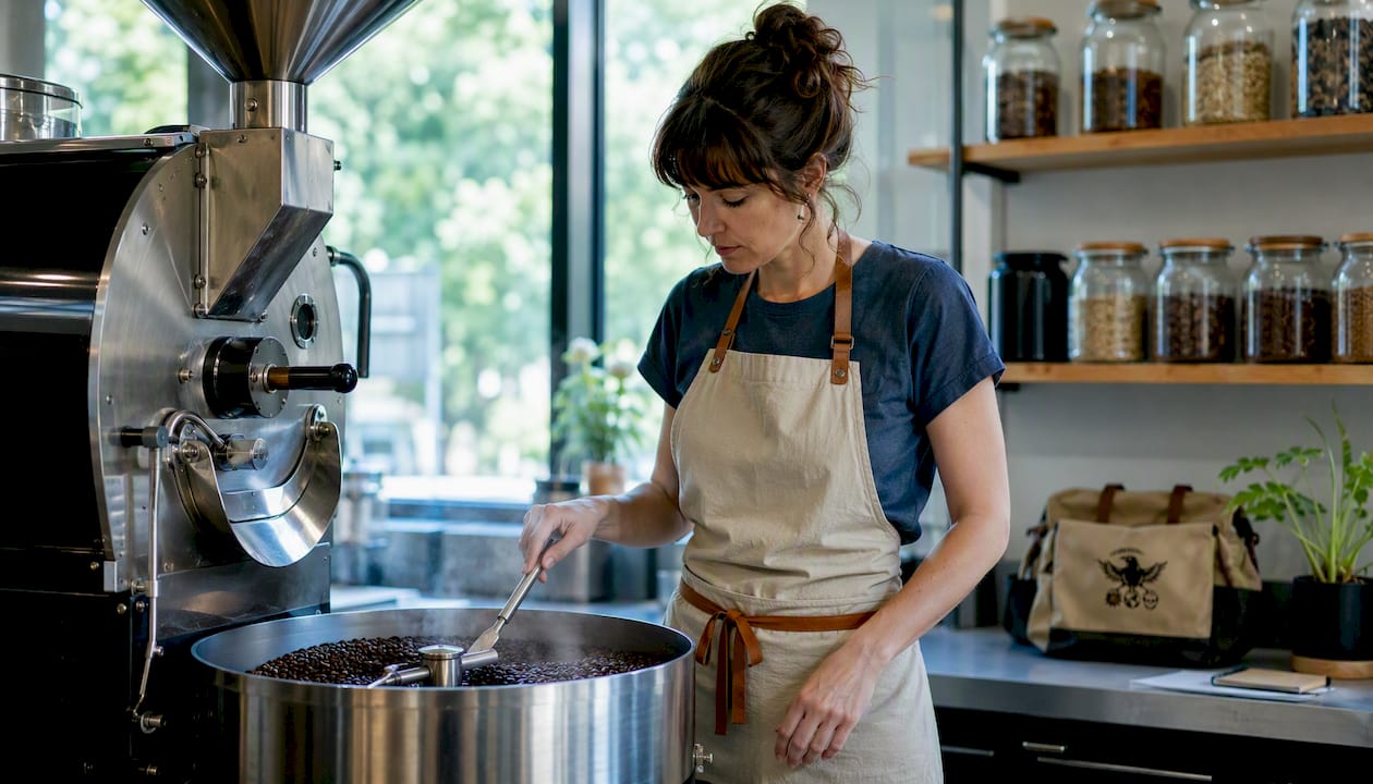 Roaster inspecting fresh coffee beans in small-batch shop