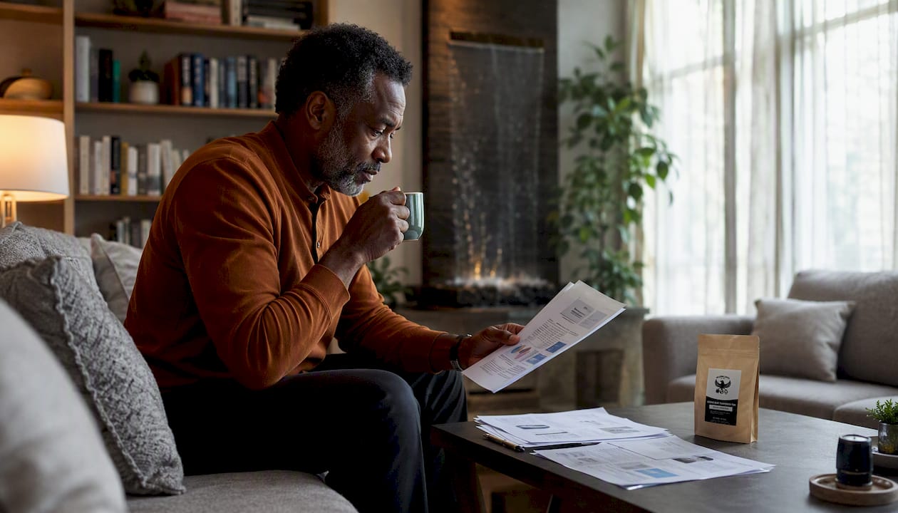 Man sipping green tea at desk reading studies